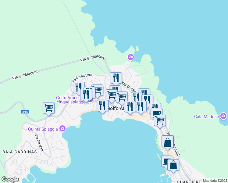 map of restaurants, bars, coffee shops, grocery stores, and more near Via Grazia Deledda in Golfo Aranci