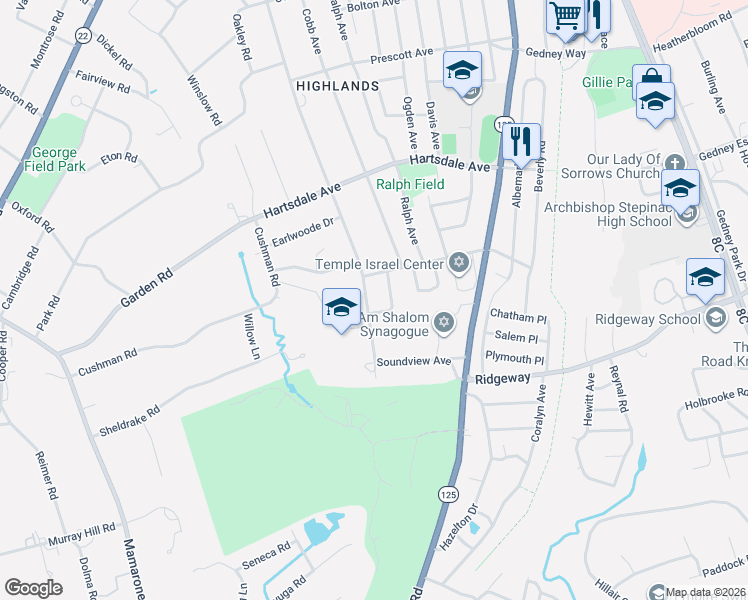 map of restaurants, bars, coffee shops, grocery stores, and more near 233 Soundview Avenue in White Plains
