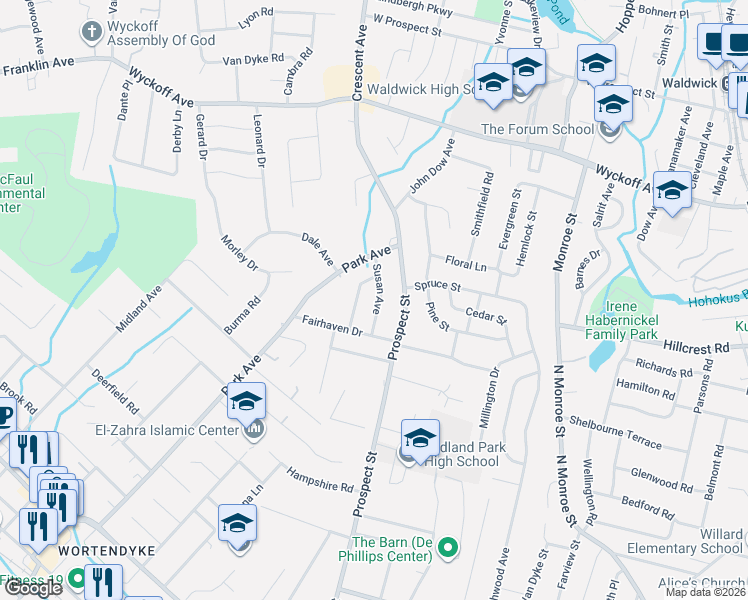 map of restaurants, bars, coffee shops, grocery stores, and more near 26 Waldo Avenue in Midland Park
