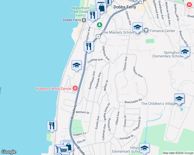 map of restaurants, bars, coffee shops, grocery stores, and more near 260 Palisade Avenue in Dobbs Ferry