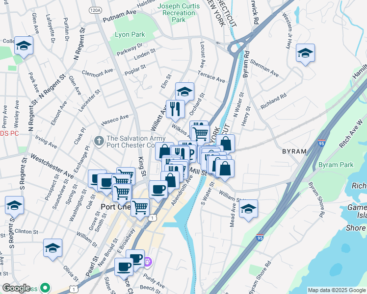 map of restaurants, bars, coffee shops, grocery stores, and more near Horton Avenue in Port Chester