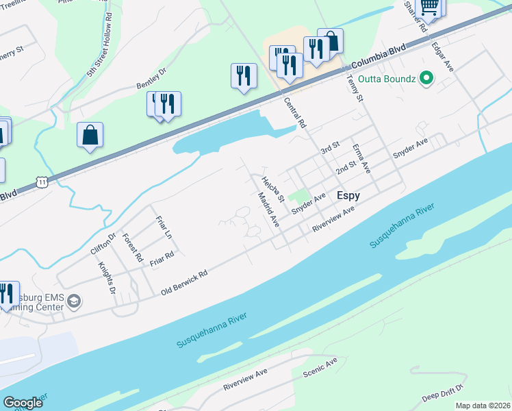 map of restaurants, bars, coffee shops, grocery stores, and more near 290 Madrid Avenue in Bloomsburg