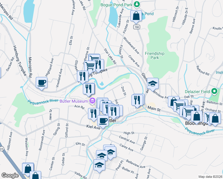 map of restaurants, bars, coffee shops, grocery stores, and more near 28 Arch Street in Butler