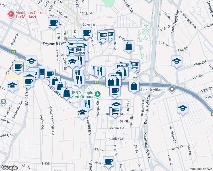 map of restaurants, bars, coffee shops, grocery stores, and more near NO:34/A Haramidere Caddesi in Beylikdüzü