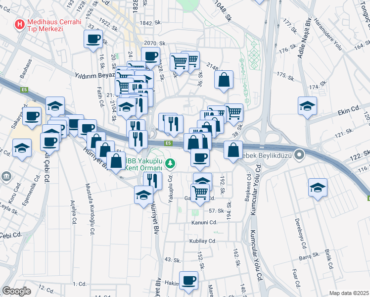 map of restaurants, bars, coffee shops, grocery stores, and more near NO:34/A Haramidere Caddesi in Beylikdüzü