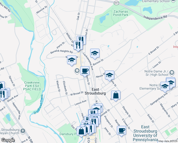 map of restaurants, bars, coffee shops, grocery stores, and more near 240 Harris Street in East Stroudsburg