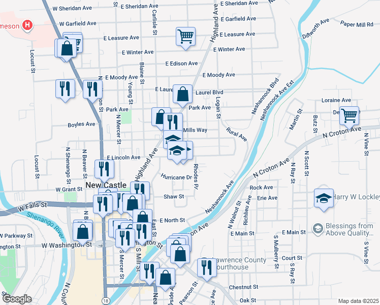 map of restaurants, bars, coffee shops, grocery stores, and more near 406 Centennial Street in New Castle