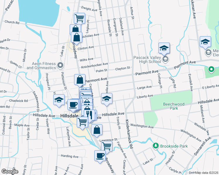 map of restaurants, bars, coffee shops, grocery stores, and more near 122 Large Avenue in Hillsdale