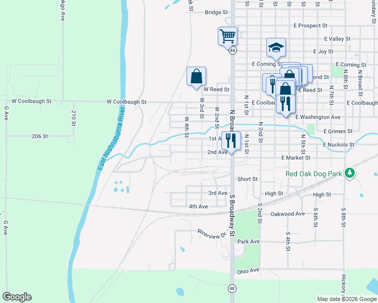 map of restaurants, bars, coffee shops, grocery stores, and more near 310 2nd Avenue in Red Oak