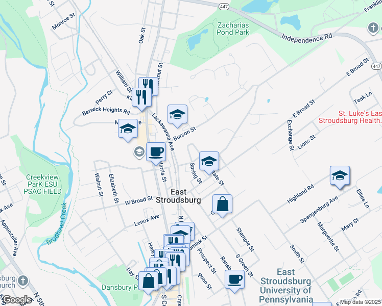map of restaurants, bars, coffee shops, grocery stores, and more near 200 Spring Street in East Stroudsburg