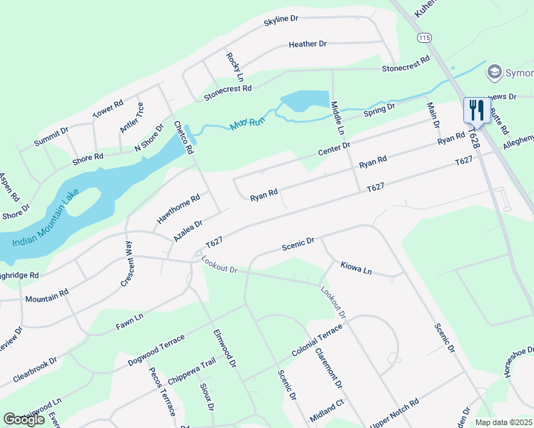 map of restaurants, bars, coffee shops, grocery stores, and more near 581 Mountain Road in Indian Mountain Lake