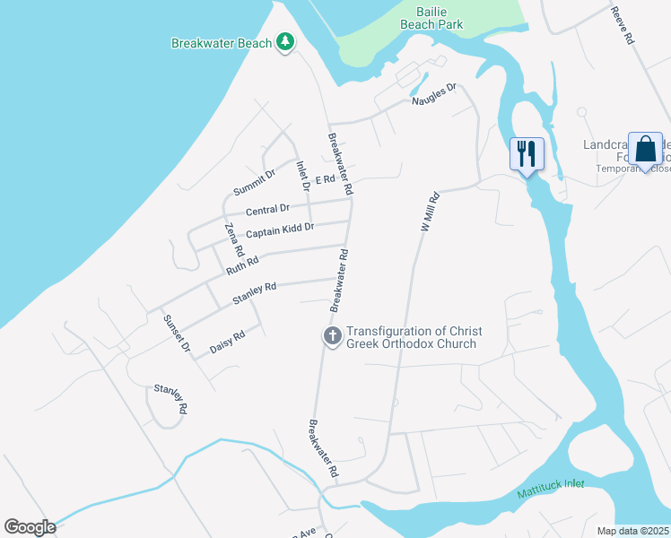 map of restaurants, bars, coffee shops, grocery stores, and more near 50 Stanley Road in Mattituck