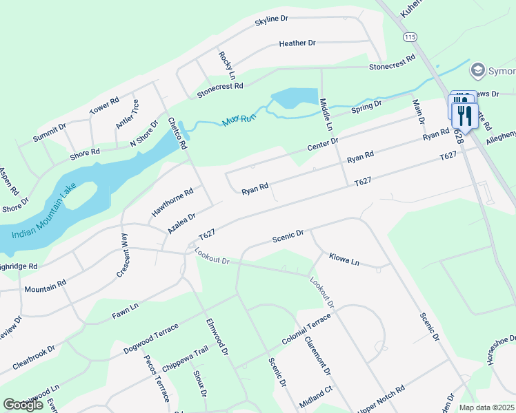 map of restaurants, bars, coffee shops, grocery stores, and more near 581 Mountain Road in Indian Mountain Lake