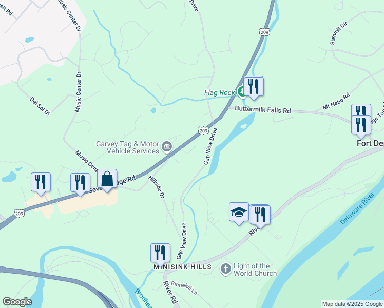 map of restaurants, bars, coffee shops, grocery stores, and more near 520 Gap View Drive in East Stroudsburg