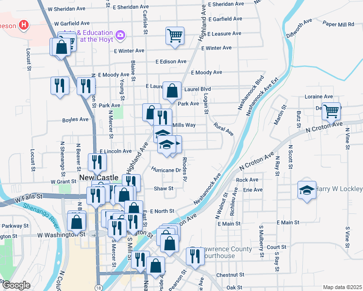 map of restaurants, bars, coffee shops, grocery stores, and more near 406 Centennial Street in New Castle