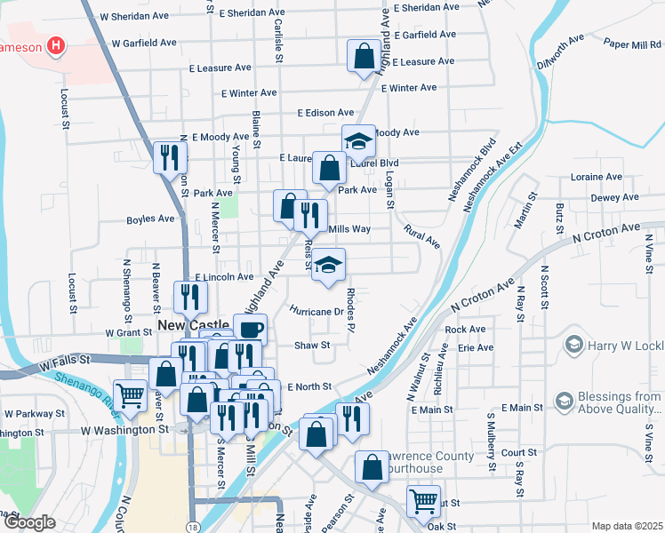 map of restaurants, bars, coffee shops, grocery stores, and more near 406 Centennial Street in New Castle