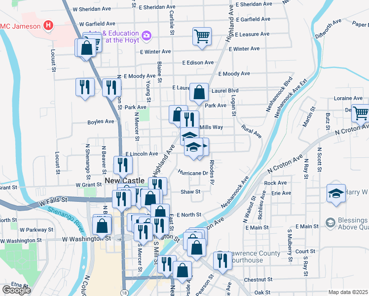 map of restaurants, bars, coffee shops, grocery stores, and more near 221 East Lincoln Avenue in New Castle