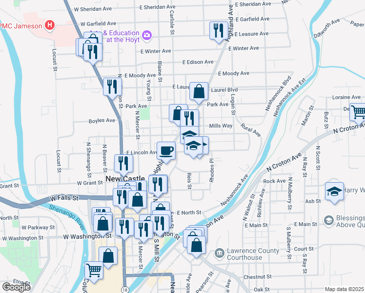 map of restaurants, bars, coffee shops, grocery stores, and more near 221 East Lincoln Avenue in New Castle