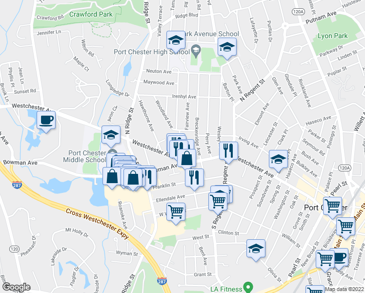 map of restaurants, bars, coffee shops, grocery stores, and more near 18 Monroe Place in Port Chester