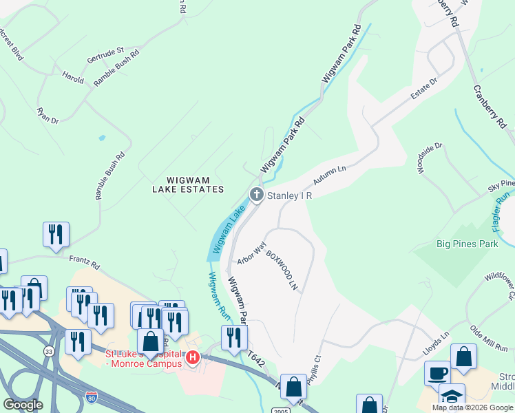 map of restaurants, bars, coffee shops, grocery stores, and more near Wigwam Park Road in Stroudsburg