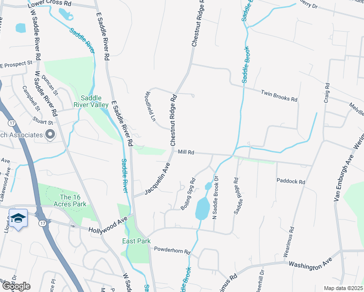 map of restaurants, bars, coffee shops, grocery stores, and more near 2 Chestnut Ridge Road in Saddle River