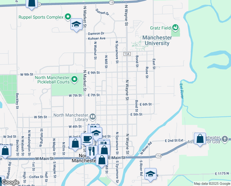 map of restaurants, bars, coffee shops, grocery stores, and more near 702 North Sycamore Street in North Manchester