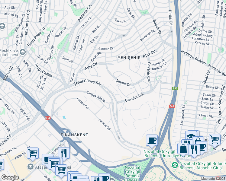 map of restaurants, bars, coffee shops, grocery stores, and more near Şenol Güneş Bulvarı in Istanbul
