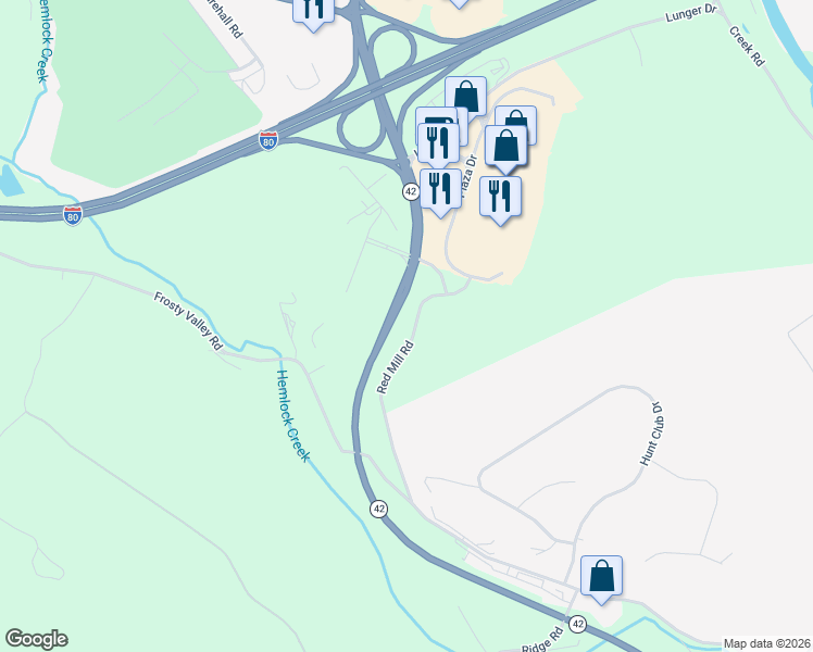 map of restaurants, bars, coffee shops, grocery stores, and more near 120 Red Mill Road in Bloomsburg