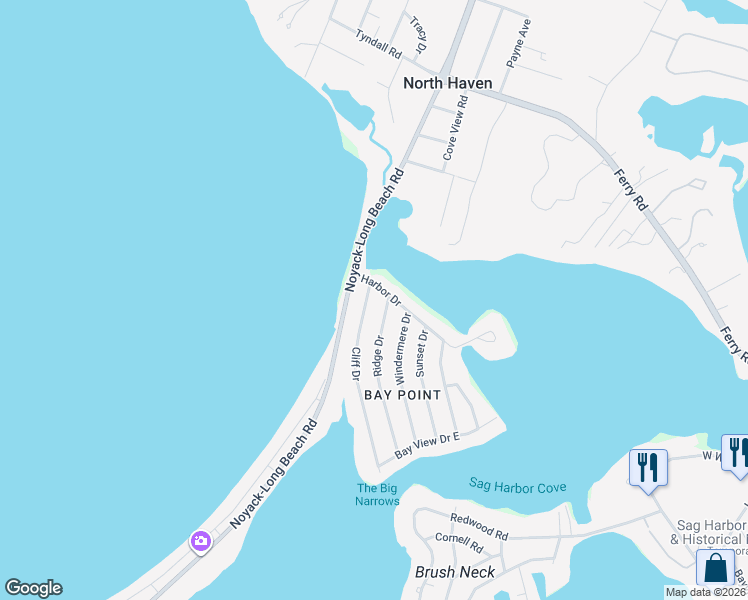map of restaurants, bars, coffee shops, grocery stores, and more near 10 Cliff Drive in Sag Harbor