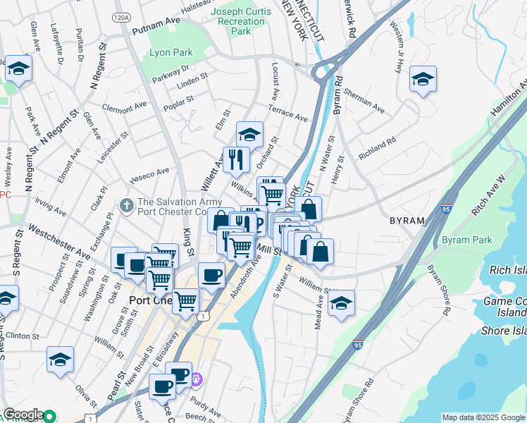 map of restaurants, bars, coffee shops, grocery stores, and more near 1 Landmark Square in Port Chester