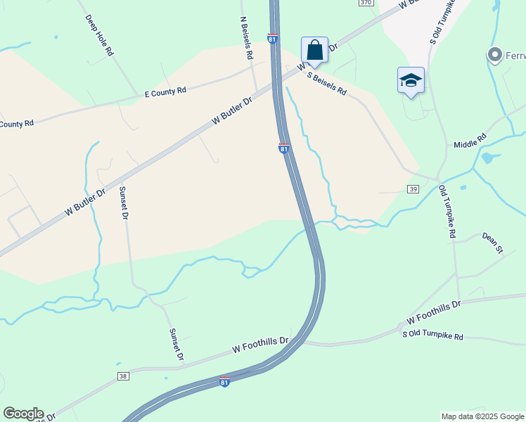 map of restaurants, bars, coffee shops, grocery stores, and more near 566 West Butler Drive in Drums