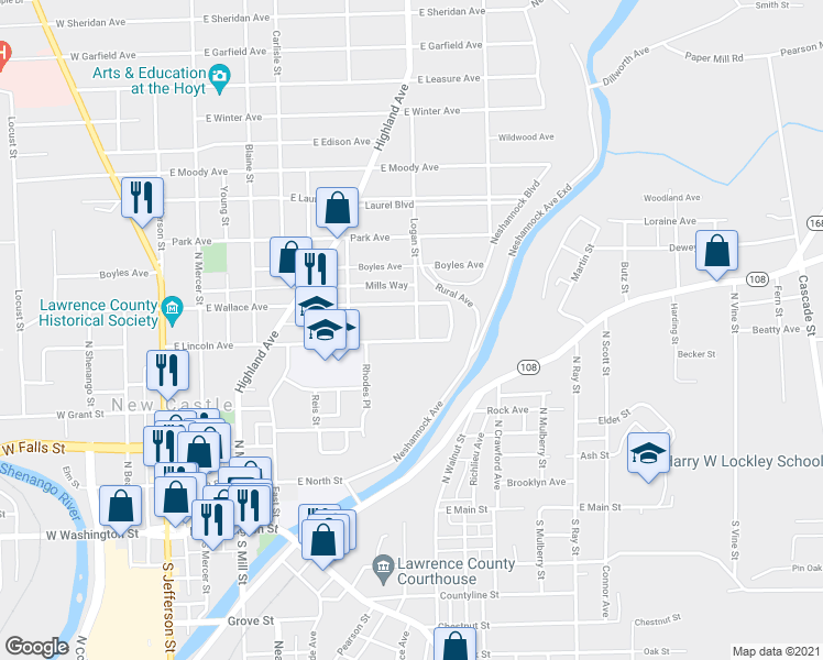 map of restaurants, bars, coffee shops, grocery stores, and more near 333 East Lincoln Avenue in New Castle