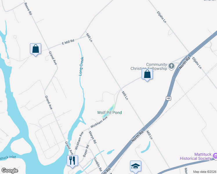 map of restaurants, bars, coffee shops, grocery stores, and more near 3965 Mill Lane in Mattituck
