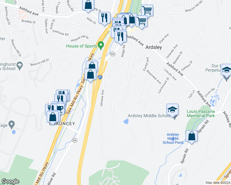 map of restaurants, bars, coffee shops, grocery stores, and more near 92 Ridge Road in Ardsley