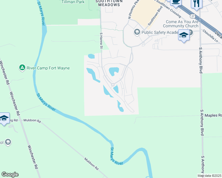 map of restaurants, bars, coffee shops, grocery stores, and more near 8322 Lakeside Drive in Fort Wayne