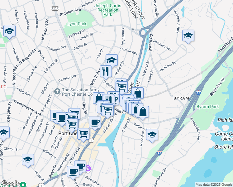 map of restaurants, bars, coffee shops, grocery stores, and more near 315 North Main Street in Port Chester