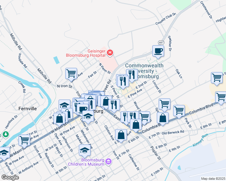 map of restaurants, bars, coffee shops, grocery stores, and more near 100 South Penn Street in Bloomsburg