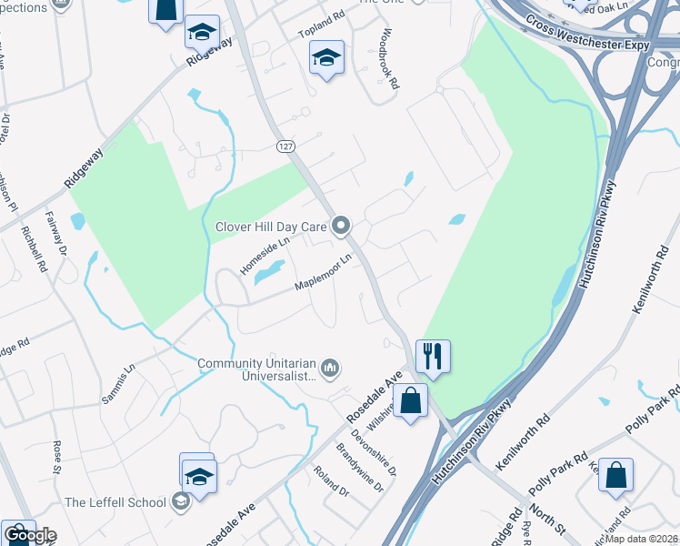 map of restaurants, bars, coffee shops, grocery stores, and more near 26 Glenbrooke Drive in White Plains