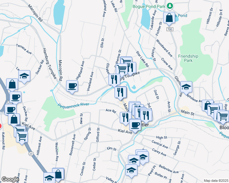map of restaurants, bars, coffee shops, grocery stores, and more near 415 Main Street in Butler