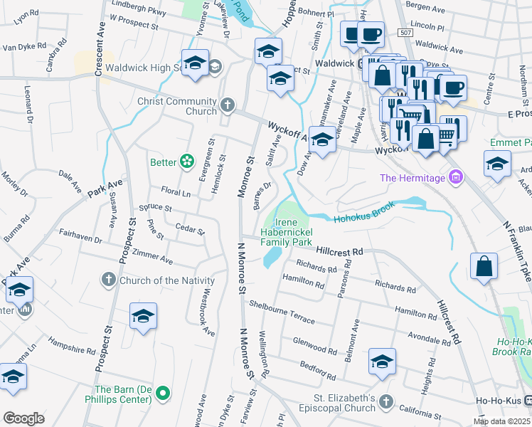 map of restaurants, bars, coffee shops, grocery stores, and more near 947 Andover Terrace in Ridgewood