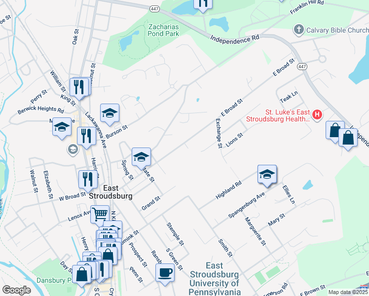 map of restaurants, bars, coffee shops, grocery stores, and more near 231 East Broad Street in East Stroudsburg