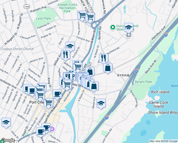map of restaurants, bars, coffee shops, grocery stores, and more near 42 North Water Street in Greenwich