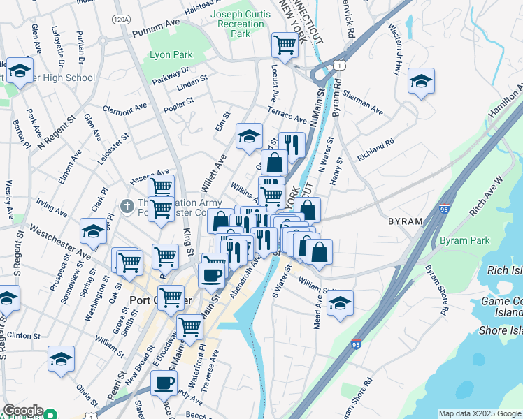 map of restaurants, bars, coffee shops, grocery stores, and more near 315 North Main Street in Port Chester