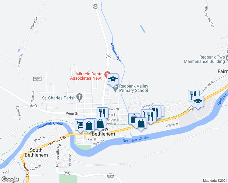 map of restaurants, bars, coffee shops, grocery stores, and more near 600 Vine Street in New Bethlehem
