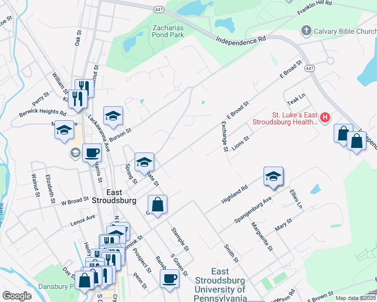map of restaurants, bars, coffee shops, grocery stores, and more near 231 East Broad Street in East Stroudsburg