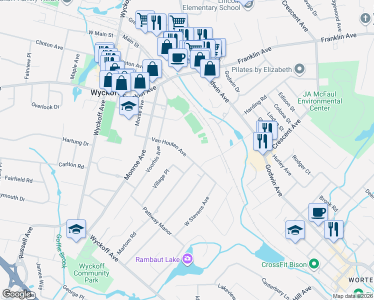 map of restaurants, bars, coffee shops, grocery stores, and more near 206 Van Houten Avenue in Wyckoff