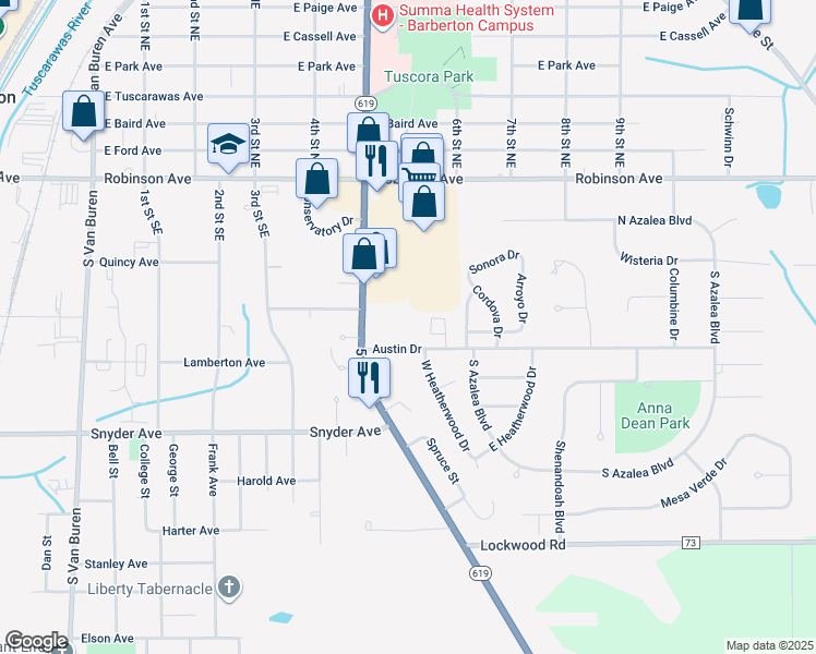 map of restaurants, bars, coffee shops, grocery stores, and more near 487 Austin Drive in Barberton
