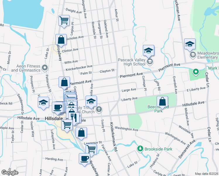 map of restaurants, bars, coffee shops, grocery stores, and more near 94 Large Avenue in Hillsdale