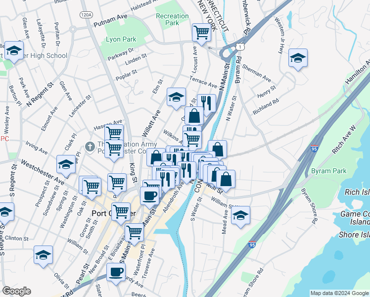 map of restaurants, bars, coffee shops, grocery stores, and more near 315 North Main Street in Port Chester