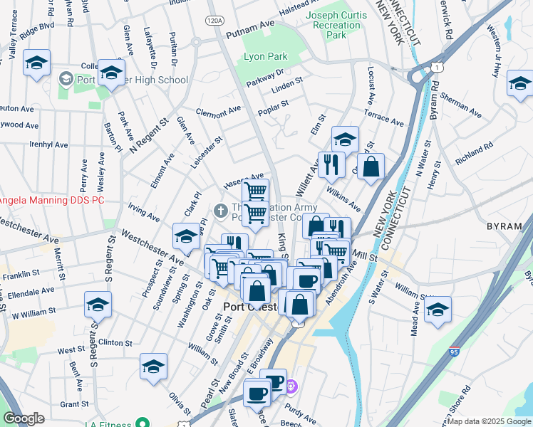 map of restaurants, bars, coffee shops, grocery stores, and more near 113 Poningo Street in Port Chester
